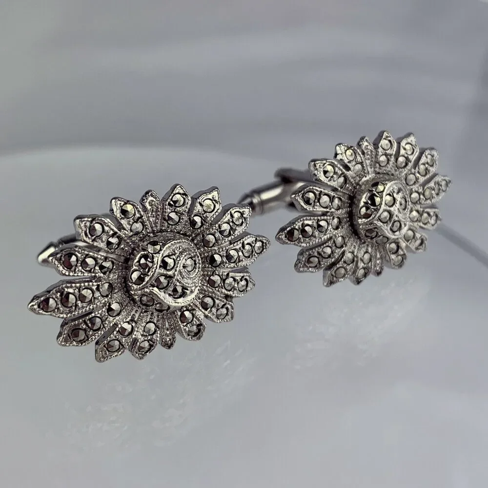 Large Sun Burst Sterling Silver Cufflinks Marcasite Shield Flower Statement VTG